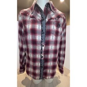 Red Ranch Womens Red Plaid Southwestern Flannel Western‎ Shirt Raw Hem Fringe M